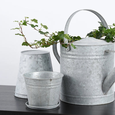 Rustic Zinc Plant Pot 14cm / Pot & Saucer / Silver